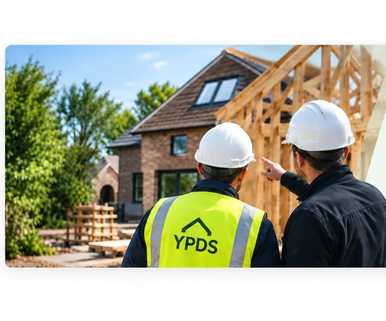 Two construction professionals in hard hats reviewing a timber-frame house project in Yorkshire